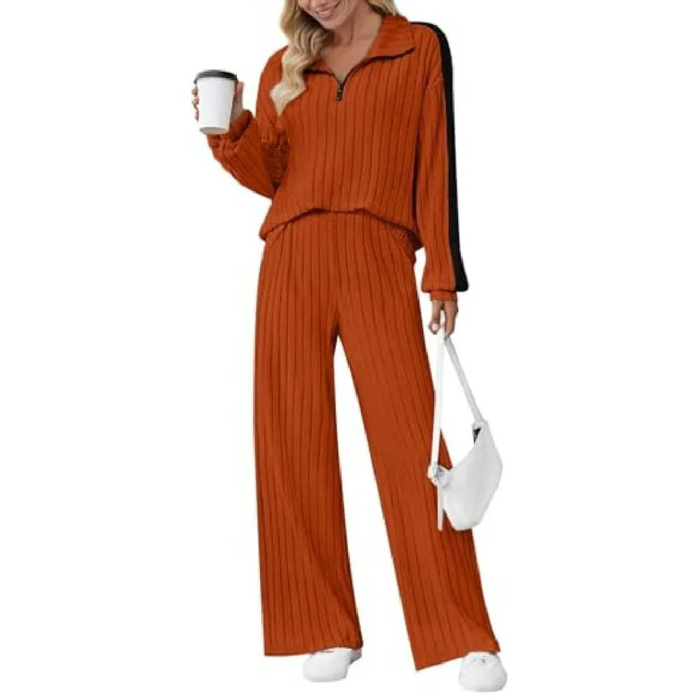 Ribbed Knit Lounge Set Half Zip Sweatshirt Wide Leg Joggers